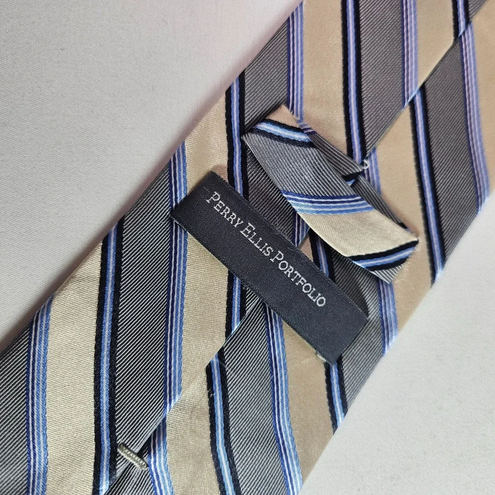 Perry Ellis Portfolio 100% Silk Hand Made Tie Gray Gold Stripes‎ 4
